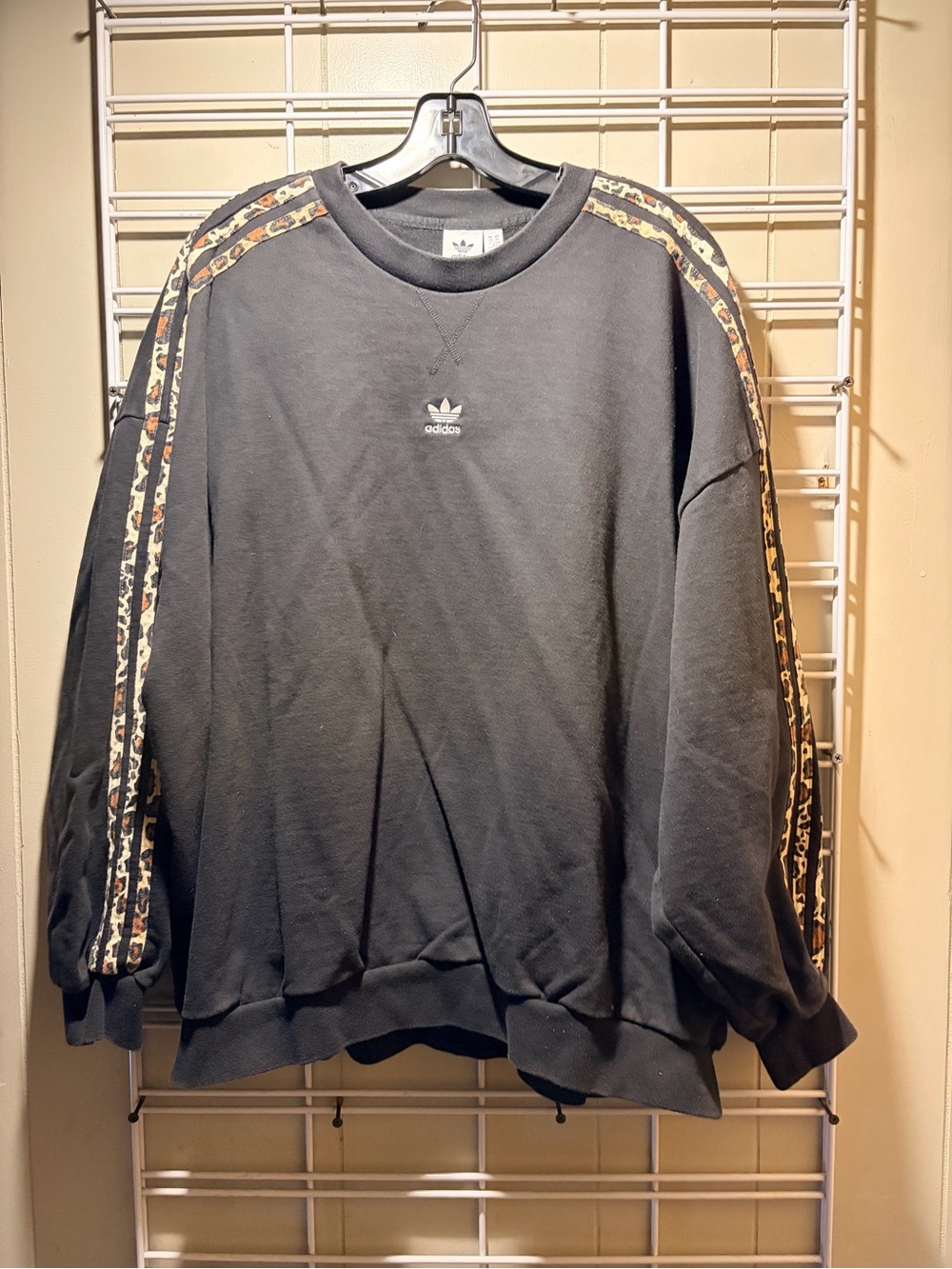 adidas Black Crewneck Sweatshirt with Leopard-Trim Stripes